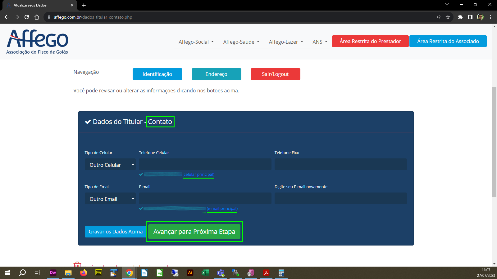 Formulário dos Telefones e Endereço